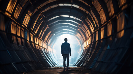 person in tunnel with light at the end