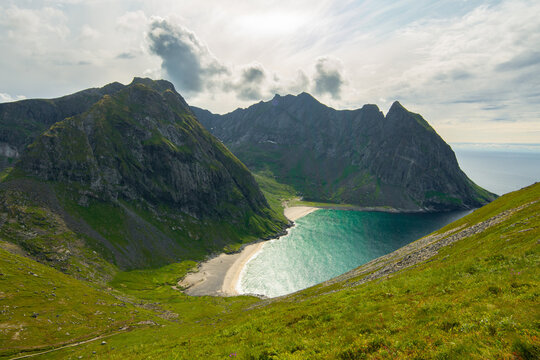 View of the famous Kvalvika Beach with turquoise sea on Moskenes&oslash;ya Island, Lofoten islands, Nordland, Norway. Ryten Hiking Trail