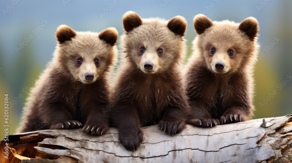 Wall mural adorable bear cubs on nature