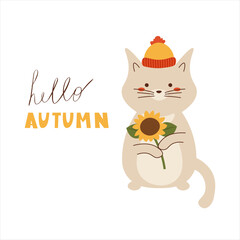 Cartoon Character of  Cat in hat with Flower in its Paws. Vector illustration with autumn Lettering for cards, banners and print