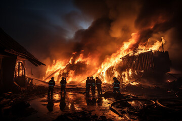 Firefighters extinguishing a blazing building, Rescue Service 911 Generative AI