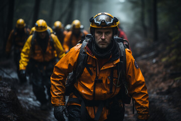 Search and rescue team navigating treacherous terrain during a rescue mission, Rescue Service 911 Generative AI