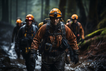 Naklejka premium Search and rescue team navigating treacherous terrain during a rescue mission, Rescue Service 911 Generative AI
