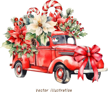  watercolor christmas flowers on red vintage truck