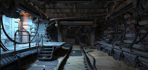 Cyberpunk Urban Industrial scene. Abandoned futuristic tunnel with rails illuminated by blue neon light. Grunge wallpaper. Photorealistic 3D illustration.