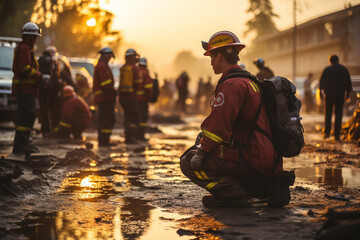 Disaster response team providing aid and relief in the aftermath of a natural disaster, Rescue Service 911 Generative AI