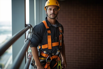 A portrait of a construction worker with a safety harness, working at heights and securing themselves with caution, Labor Day
