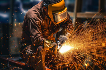 A construction worker holding a welding torch, creating sparks as they join pieces of metal together, Labor Day - obrazy, fototapety, plakaty