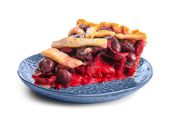 Plate with piece of tasty cherry pie on white background