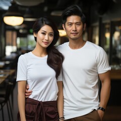 Fototapeta premium Illustration of a couple fashion portrait with plain t-shirt mockup, AI Generated
