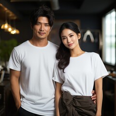 Fototapeta premium Illustration of a couple fashion portrait with plain t-shirt mockup, AI Generated