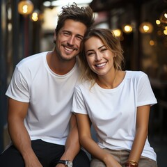 Fototapeta premium Illustration of a couple fashion portrait with plain t-shirt mockup, AI Generated