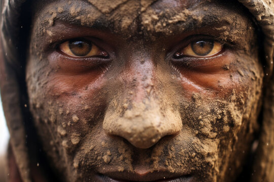 A close-up of a construction worker's face, covered in dust and sweat, displaying their hard work and dedication Generative AI