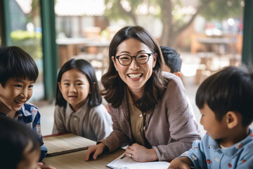 An Asian woman teacher sitting with a small group of students, providing individualized instruction and support Generative AI