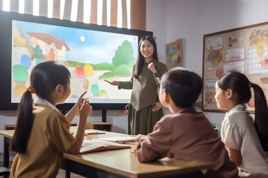 An Asian woman teacher using a projector to display educational content, captivating students with visual learning Generative AI
