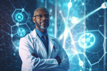 A doctor wearing a lab coat, standing in front of a medical research poster, emphasizing their dedication to advancing healthcare Generative AI