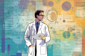 A doctor wearing a lab coat, standing in front of a medical research poster, emphasizing their dedication to advancing healthcare Generative AI