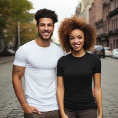 Fototapeta premium Illustration of a couple fashion portrait with plain t-shirt mockup, AI Generated