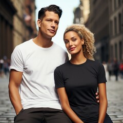 Fototapeta premium Illustration of a couple fashion portrait with plain t-shirt mockup, AI Generated