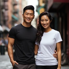 Fototapeta premium Illustration of a couple fashion portrait with plain t-shirt mockup, AI Generated
