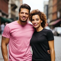 Obraz premium Illustration of a couple fashion portrait with plain t-shirt mockup, AI Generated