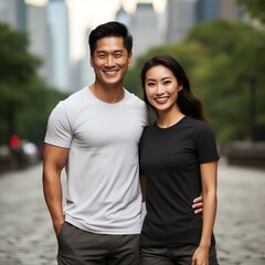 Fototapeta premium Illustration of a couple fashion portrait with plain t-shirt mockup, AI Generated