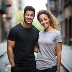 Fototapeta premium Illustration of a couple fashion portrait with plain t-shirt mockup, AI Generated