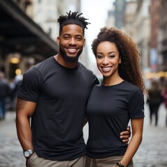Fototapeta premium Illustration of a couple fashion portrait with plain t-shirt mockup, AI Generated