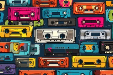 Cartoon Cute Doodles Retro Cassette Tape Seamless Pattern, Generative AI