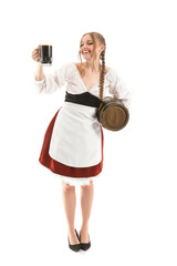 Beautiful Octoberfest waitress with beer and barrel on white background