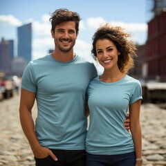 Obraz premium Illustration of a couple fashion portrait with plain t-shirt mockup, AI Generated