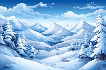 Cartoon Cute Doodles Snowy Mountain Landscape Seamless Pattern, Generative AI