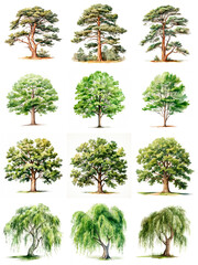 Set of trees (oak, beech, pine, willow), watercolor illustration on white background