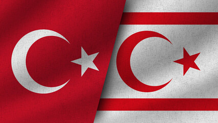 North Cyprus and Turkey Realistic Two Flags Together, 3D Illustration