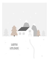 Vector holiday illustration, winter scene with lonely standing house in the mountains