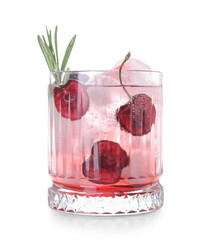Glass of tasty cherry lemonade with rosemary on white background
