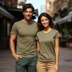 Fototapeta premium Illustration of a couple fashion portrait with plain t-shirt mockup, AI Generated