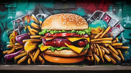 Street Appetite: Vibrant Graffiti-Style Mural of Burger and Fries - obrazy, fototapety, plakaty