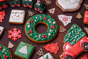 Beautiful delicious Christmas gingerbread on a concrete texture background