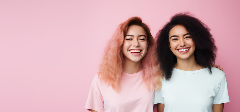 Two young beautiful girls hugging, laughing and smiling against a flat pastel pink background. Happy women girlfriends, portrait, copy space for text. Generative AI photo.