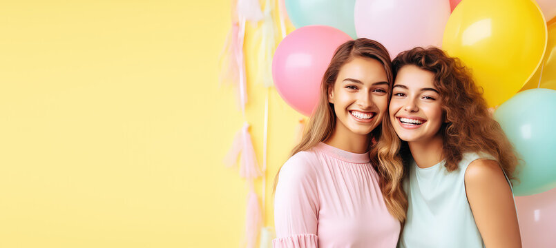 Two young beautiful girls hugging, laughing and smiling against a flat pastel yellow background. Happy women girlfriends, portrait, copy space for text. Generative AI photo.