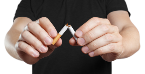 Male hands breaking a cigarette in half, cut out