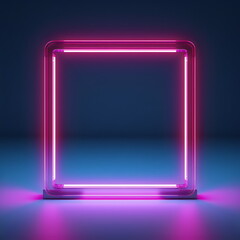 glowing pink neon tube square frame isolated on plain blue dark studio background, made with generative ai
