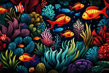 Cartoon Cute Doodles Underwater Scene Seamless Pattern, Generative AI