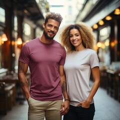 Fototapeta premium Illustration of a couple fashion portrait with plain t-shirt mockup, AI Generated