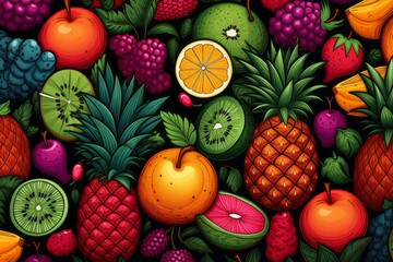 Naklejka na ściany i meble Cartoon Cute Doodles Vibrant Tropical Fruits Seamless Pattern, Generative AI