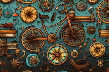  Cartoon Cute Doodles Vintage Bicycle Seamless Pattern, Generative AI
