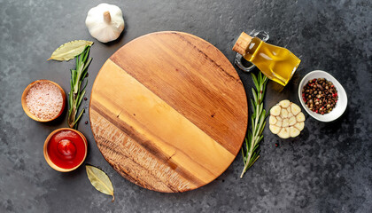 Cutting board and spices for cooking on a stone background