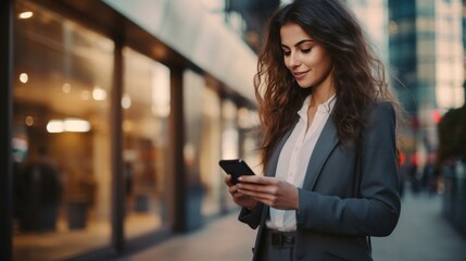Happy smiling businesswoman wearing gray suit and using modern smartphone near office at early morning.