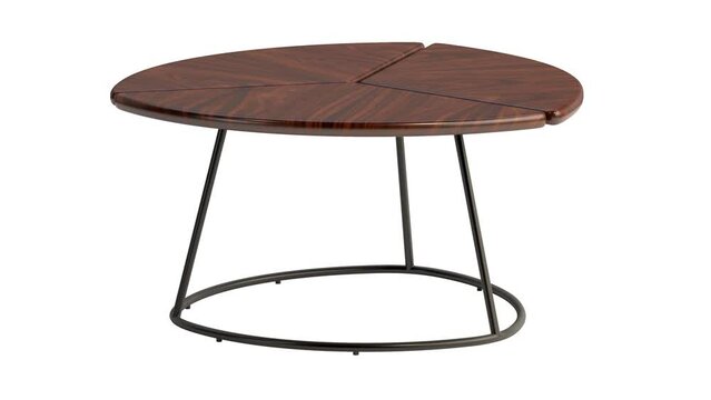 Circular animation of mid-century style coffee table with triangular panels on the top and black metal frame on white background. Modern, Loft, Scandinavian interior. 3d render